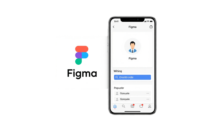 Mobile phone mockup displaying a user interface designed in Figma, with the Figma logo shown beside it on a white background.