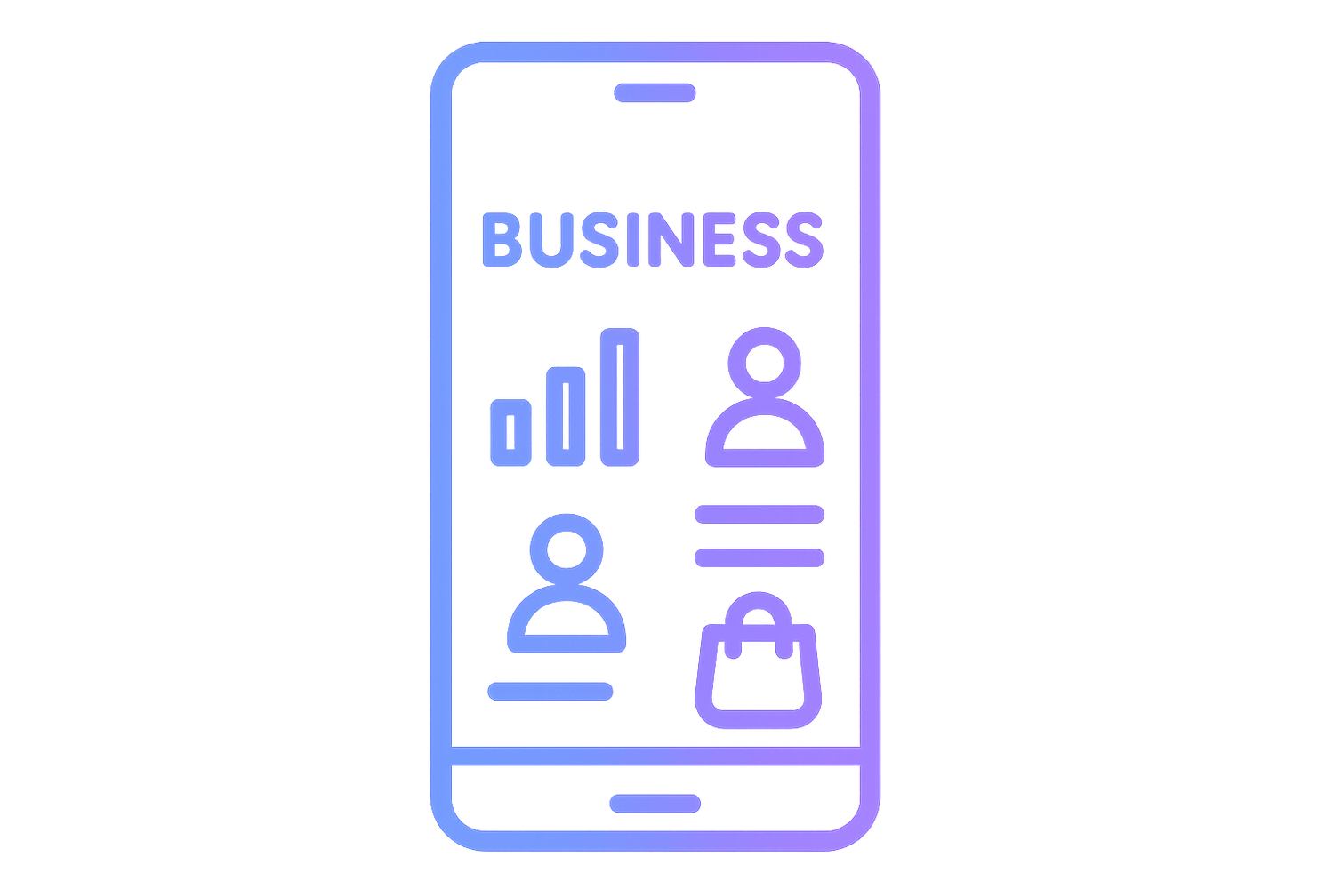 Neon gradient illustration of a smartphone displaying business-related icons such as a bar chart, user profiles, and a shopping bag