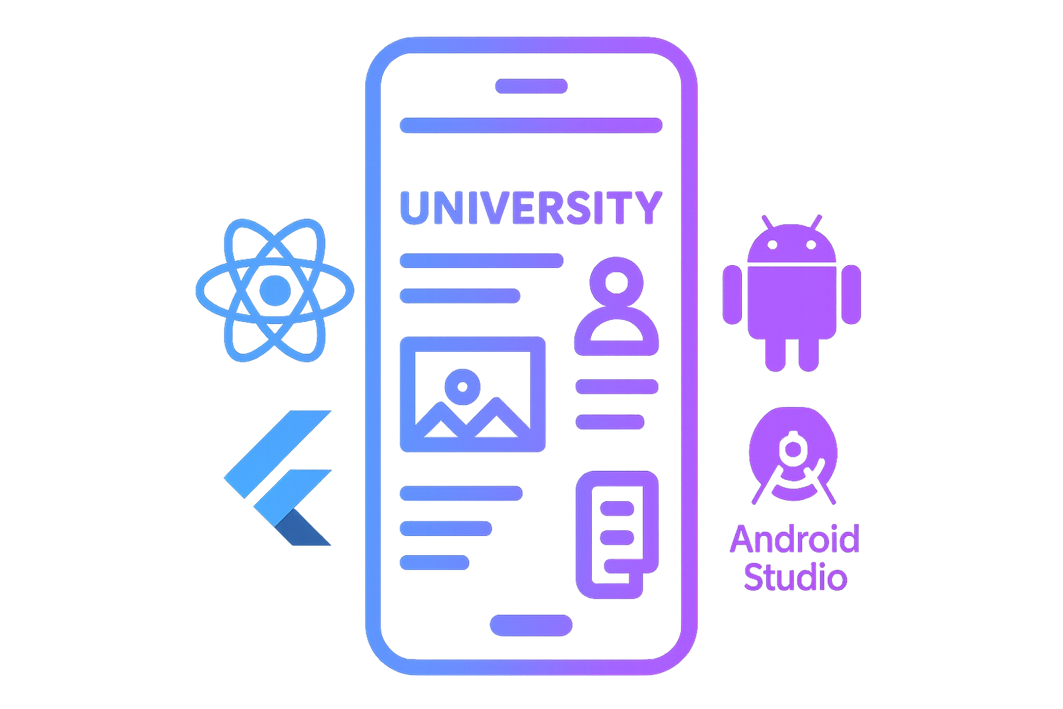 Neon gradient illustration of a smartphone with university-themed UI, surrounded by glowing logos of React Native, Flutter, and Android Studio